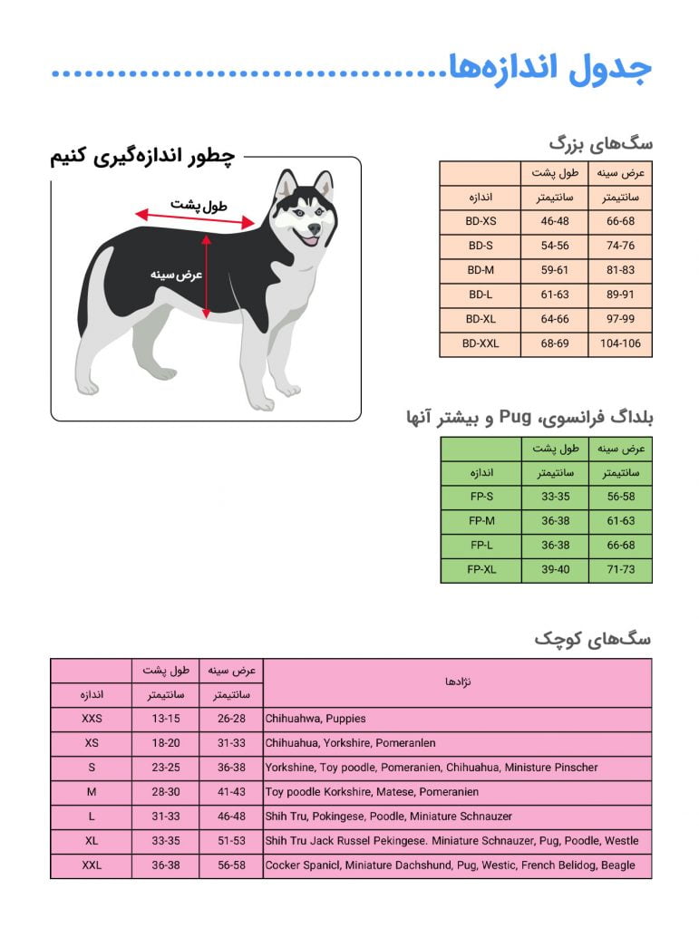 جدول سایزبندی لباس سگ